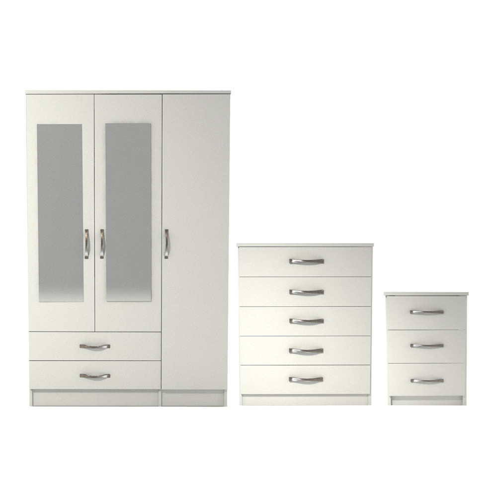Ready assembled 3 Pcs Classic 3 Door 2 Drawer Mirrored Wardrobe, Chest And Bedside Set White