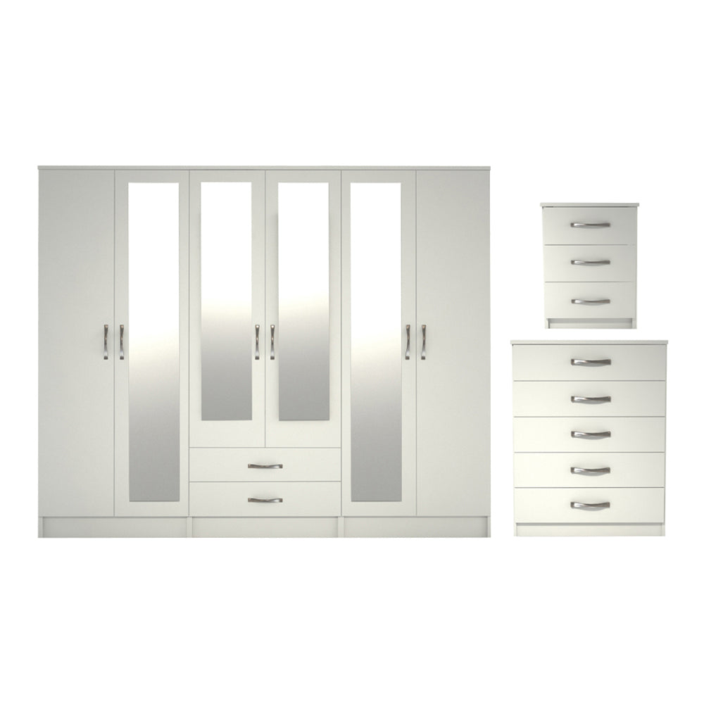 Ready assembled 3 Pcs Classic 6 Door 2 Drawer 4 Mirror Wardrobe, Chest And Bedside Set White
