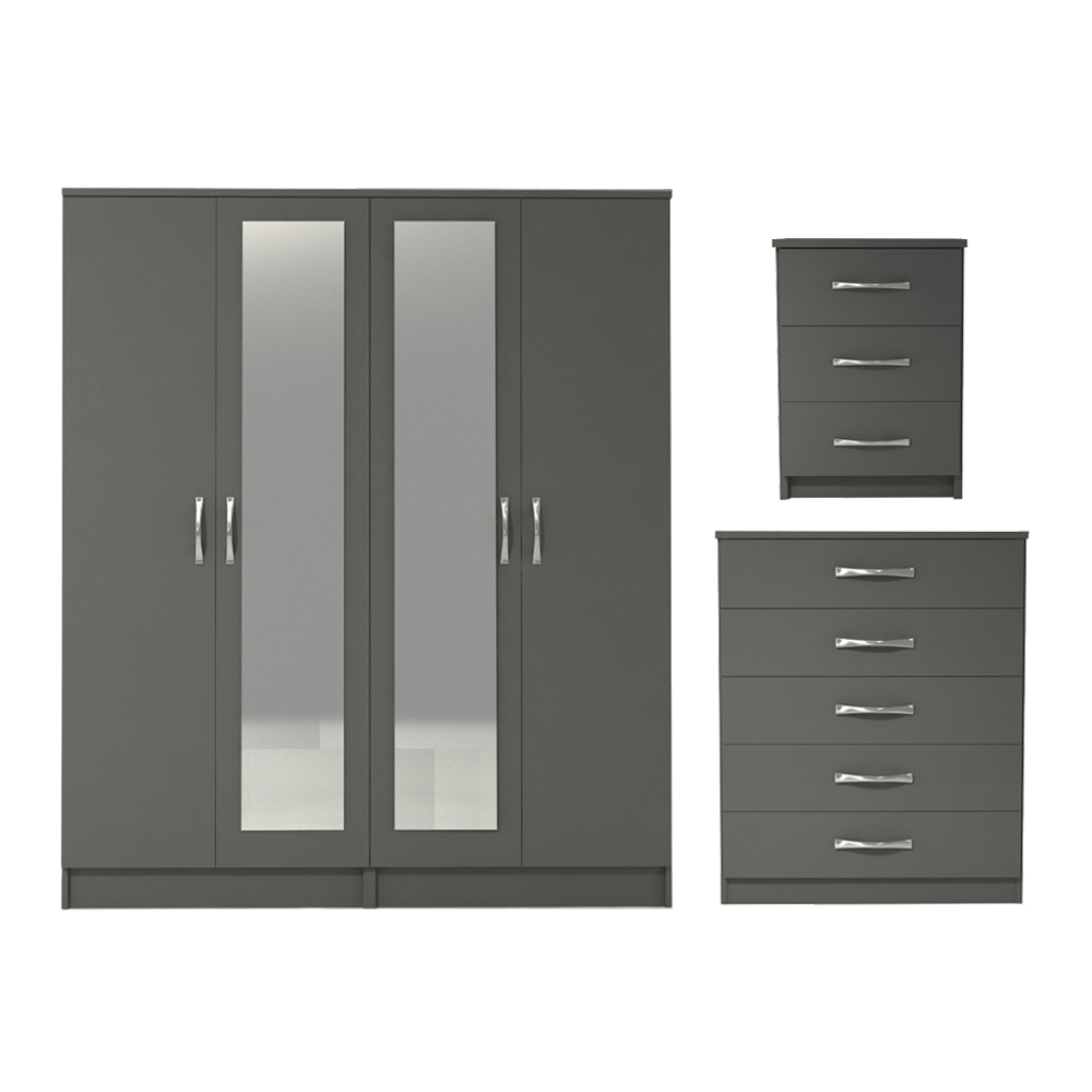 Ready assembled 3 Pcs Classic 4 Door Double Mirrored Wardrobe, Chest And Bedside Set Grey
