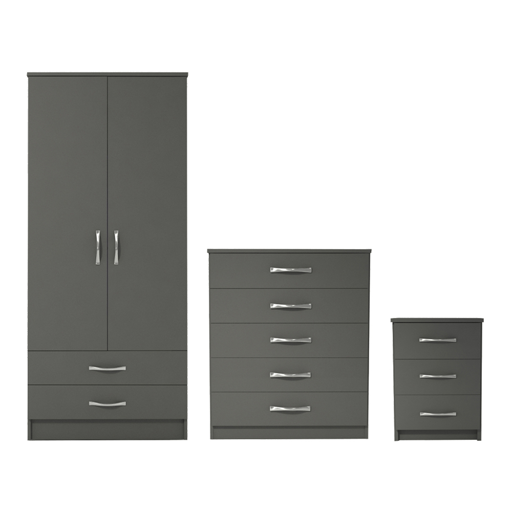 Ready assembled 3 Pcs Classic 2 Door 2 Drawer Wardrobe, Chest and Bedside Set Grey