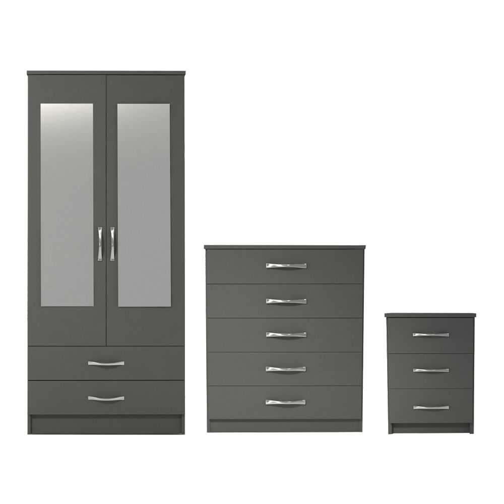 Ready assembled 3 Pcs Classic 2 Door 2 Drawer Mirrored Wardrobe, Chest And Bedside Set Grey