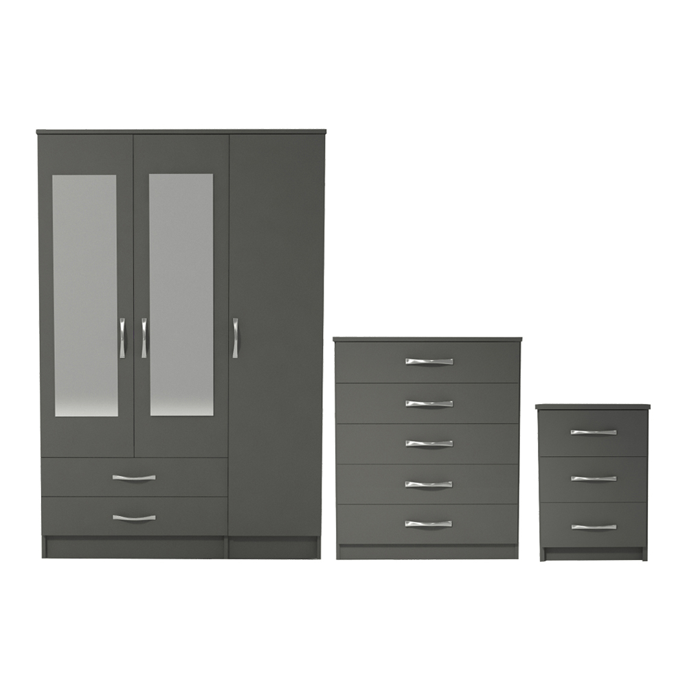Ready assembled 3 Pcs Classic 3 Door 2 Drawer Mirrored Wardrobe, Chest And Bedside Set Grey