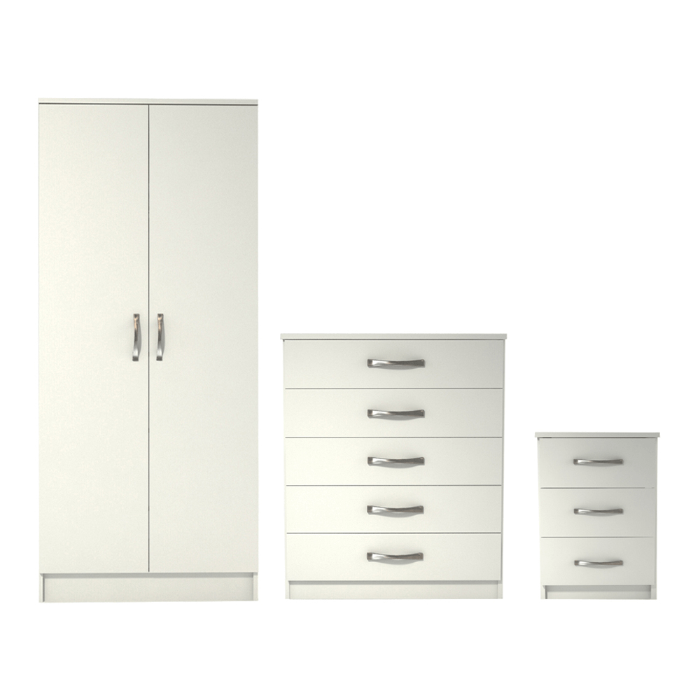 Ready assembled 3 Pcs Classic 2 Door Wardrobe, Chest And Bedside Set White