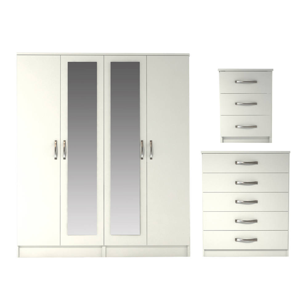 Ready assembled 3 Pcs Classic 4 Door Wardrobe, Chest and Bedside set White