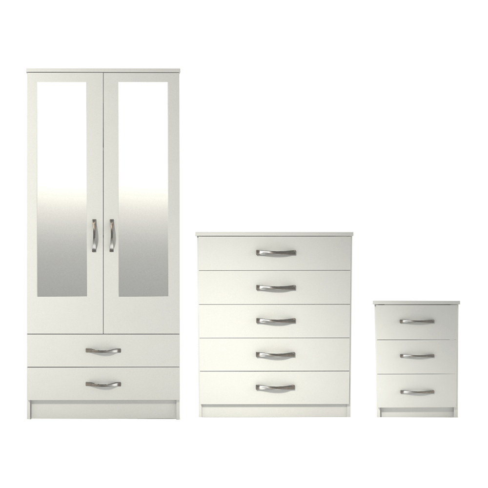 Ready assembled 3 Pcs Classic 2 Door 2 Drawer Mirrored Wardrobe, Chest And Bedside Set White