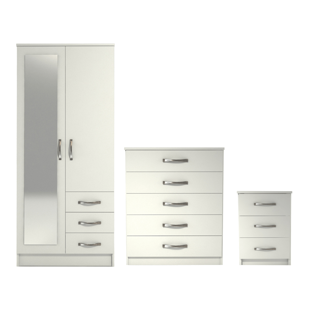 Ready assembled 3 Pcs Classic 2 Door Mirrored Combi Wardrobe, Chest And Bedside Set White