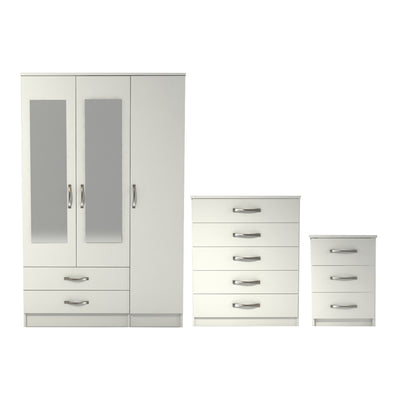 Ready assembled 3 Pcs Classic 3 Door 2 Drawer Mirrored Wardrobe, Chest And Bedside Set White