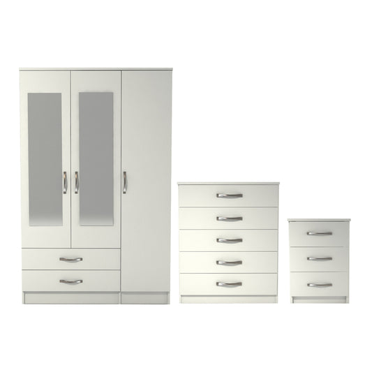 Ready assembled 3 Pcs Classic 3 Door 2 Drawer Mirrored Wardrobe, Chest And Bedside Set White