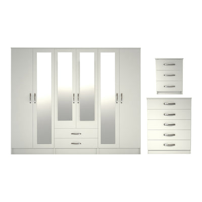 Ready assembled 3 Pcs Classic 6 Door 2 Drawer 4 Mirror Wardrobe, Chest And Bedside Set White