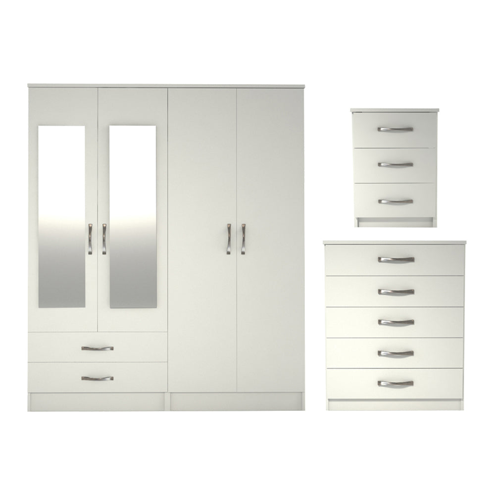 Ready assembled 3 Pcs Classic 4 Door 2 Drawer Mirrored Wardrobe, Chest And Bedside Set White