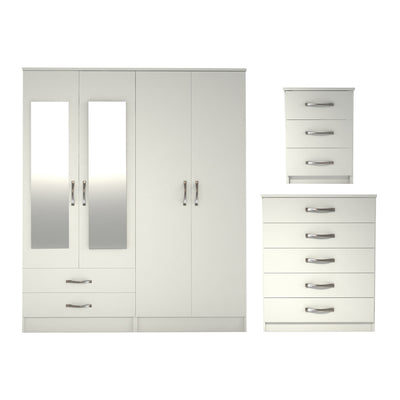 Ready assembled 3 Pcs Classic 4 Door 2 Drawer Mirrored Wardrobe, Chest And Bedside Set White