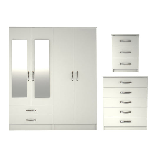 Ready assembled 3 Pcs Classic 4 Door 2 Drawer Mirrored Wardrobe, Chest And Bedside Set White