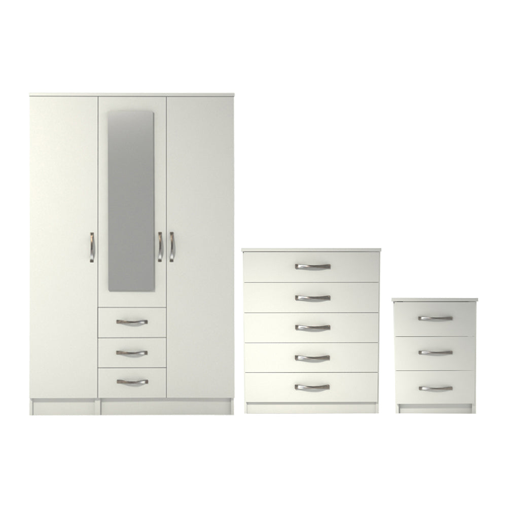 Ready assembled 3 Pcs Classic 3 Door 3 Drawer Combi Mirrored Wardrobe, Chest And Bedside Set White