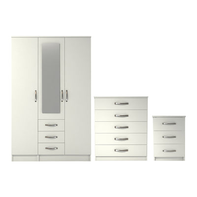 Ready assembled 3 Pcs Classic 3 Door 3 Drawer Combi Mirrored Wardrobe, Chest And Bedside Set White