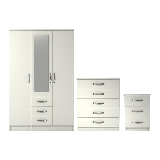 Ready assembled 3 Pcs Classic 3 Door 3 Drawer Combi Mirrored Wardrobe, Chest And Bedside Set White