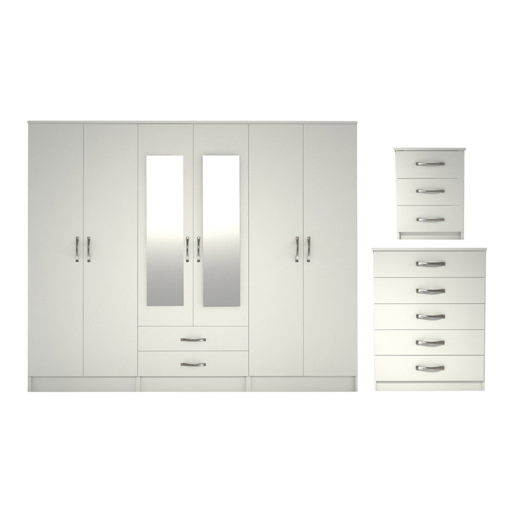 Ready assembled 3 Pcs Classic 6 door 2 Drawer Mirrored Wardrobe, Chest And Bedside Set White