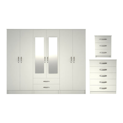 Ready assembled 3 Pcs Classic 6 door 2 Drawer Mirrored Wardrobe, Chest And Bedside Set White