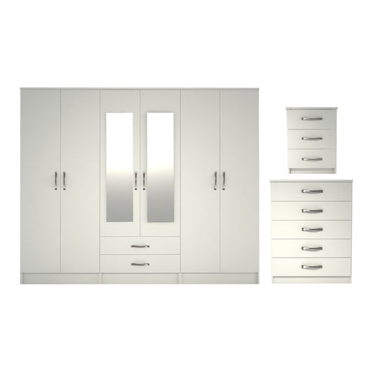 Ready assembled 3 Pcs Classic 6 door 2 Drawer Mirrored Wardrobe, Chest And Bedside Set White