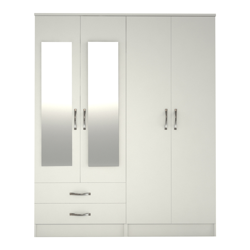 Ready assembled Classic 4 Door 2 Drawer Mirrored Wardrobe White