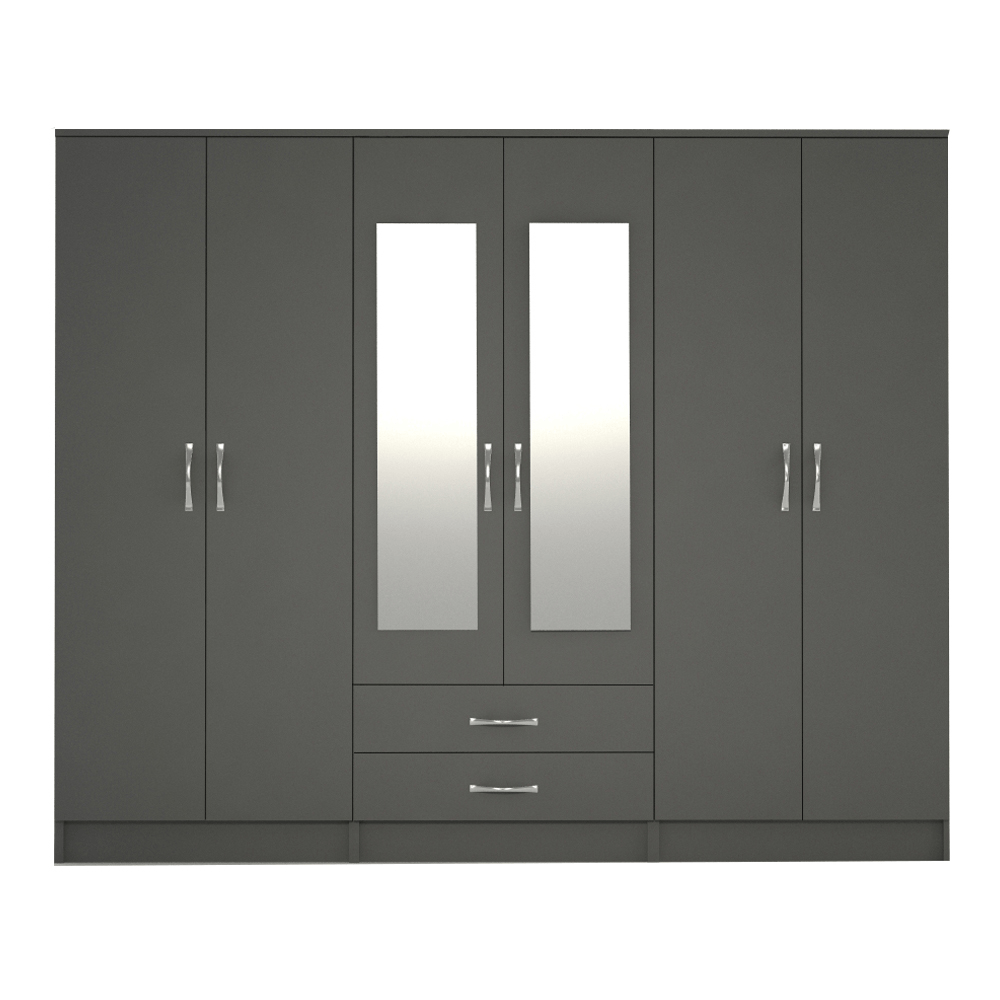 Ready assembled Classic 6 Door Mirrored Wardrobe Grey