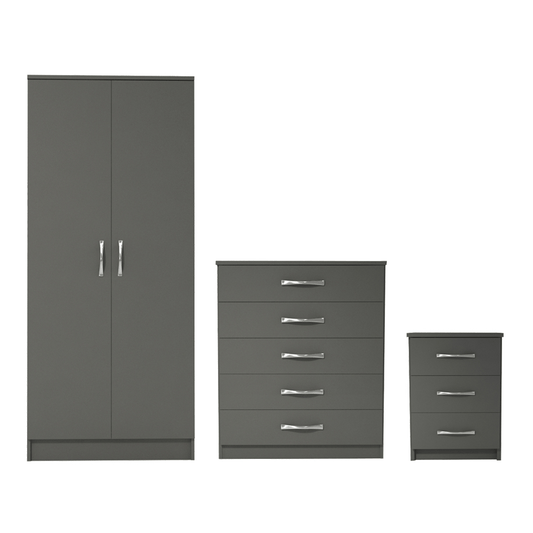 Ready assembled 3 Pcs Classic 2 Door Wardrobe, Chest And Bedside Set Grey