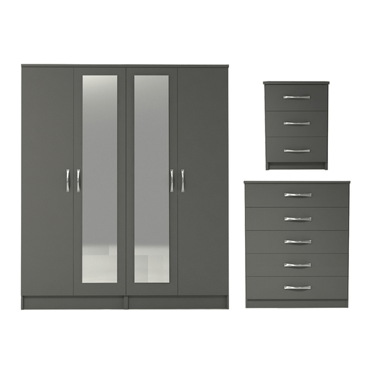 Ready assembled 3 Pcs Classic 4 Door Double Mirrored Wardrobe, Chest And Bedside Set Grey