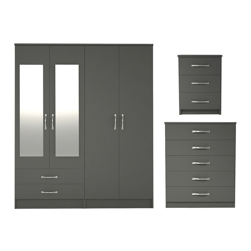 Ready assembled 3 Pcs Classic 4 Door 2 Drawer Mirrored Wardrobe, Chest And Bedside Set Grey