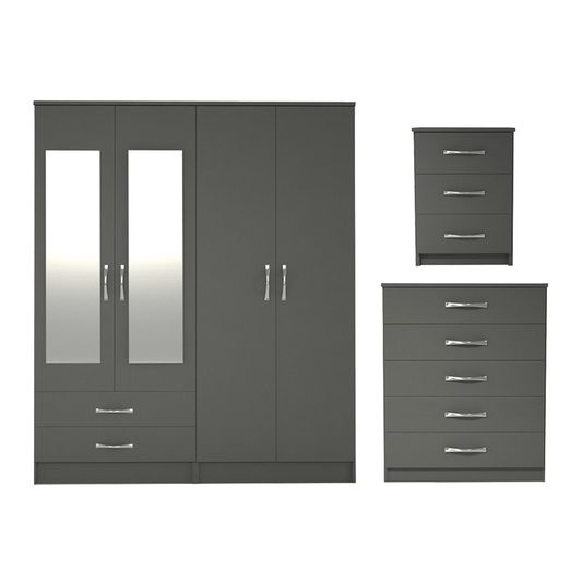 Ready assembled 3 Pcs Classic 4 Door 2 Drawer Mirrored Wardrobe, Chest And Bedside Set Grey
