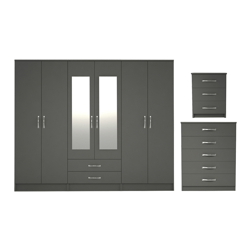 Ready assembled 3 Pcs Classic 6 door 2 Drawer Mirrored Wardrobe, Chest And Bedside Set Grey