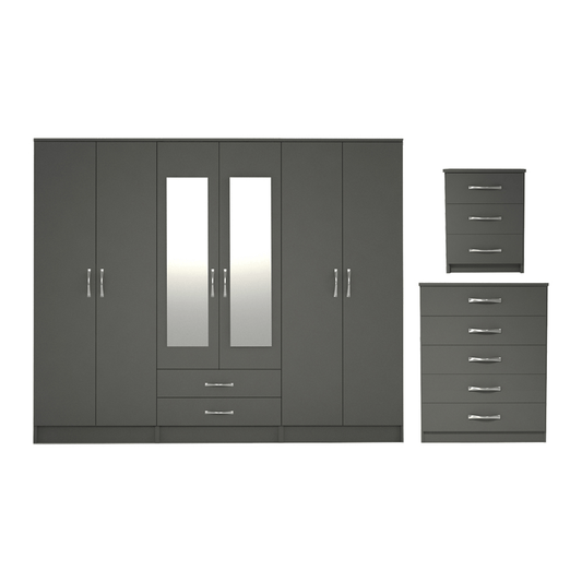 Ready assembled 3 Pcs Classic 6 door 2 Drawer Mirrored Wardrobe, Chest And Bedside Set Grey