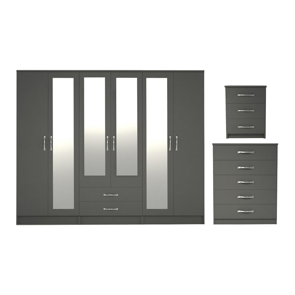 Ready assembled 3 Pcs Classic 6 Door 2 Drawer 4 Mirror Wardrobe, Chest And Bedside Set Grey