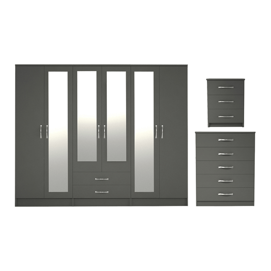 Ready assembled 3 Pcs Classic 6 Door 2 Drawer 4 Mirror Wardrobe, Chest And Bedside Set Grey