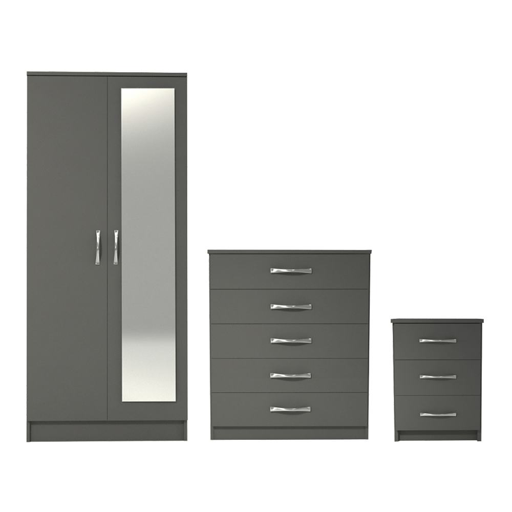 Ready assembled 3 Pcs Classic 2 Door Mirrored Wardrobe, Chest And Bedside Set Grey