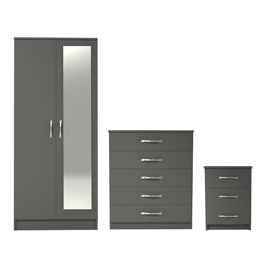 Ready assembled 3 Pcs Classic 2 Door Mirrored Wardrobe, Chest And Bedside Set Grey