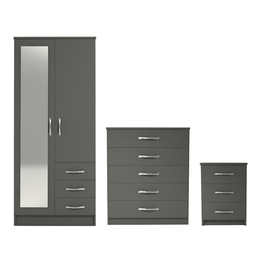 Ready assembled 3 Pcs Classic 2 Door Mirrored Combi Wardrobe, Chest And Bedside Set Grey