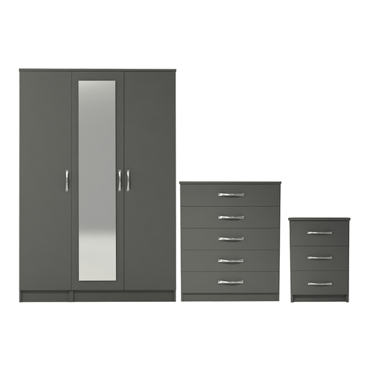 Ready assembled 3 Pcs Classic 3 Door Mirrored Wardrobe, Chest And Bedside Set Grey