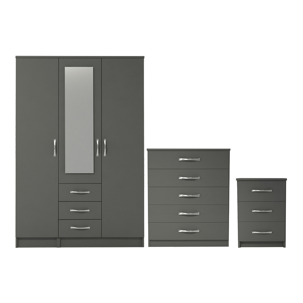 Ready assembled 3 Pcs Classic 3 Door 3 Drawer Combi Mirrored Wardrobe, Chest And Bedside Set Grey