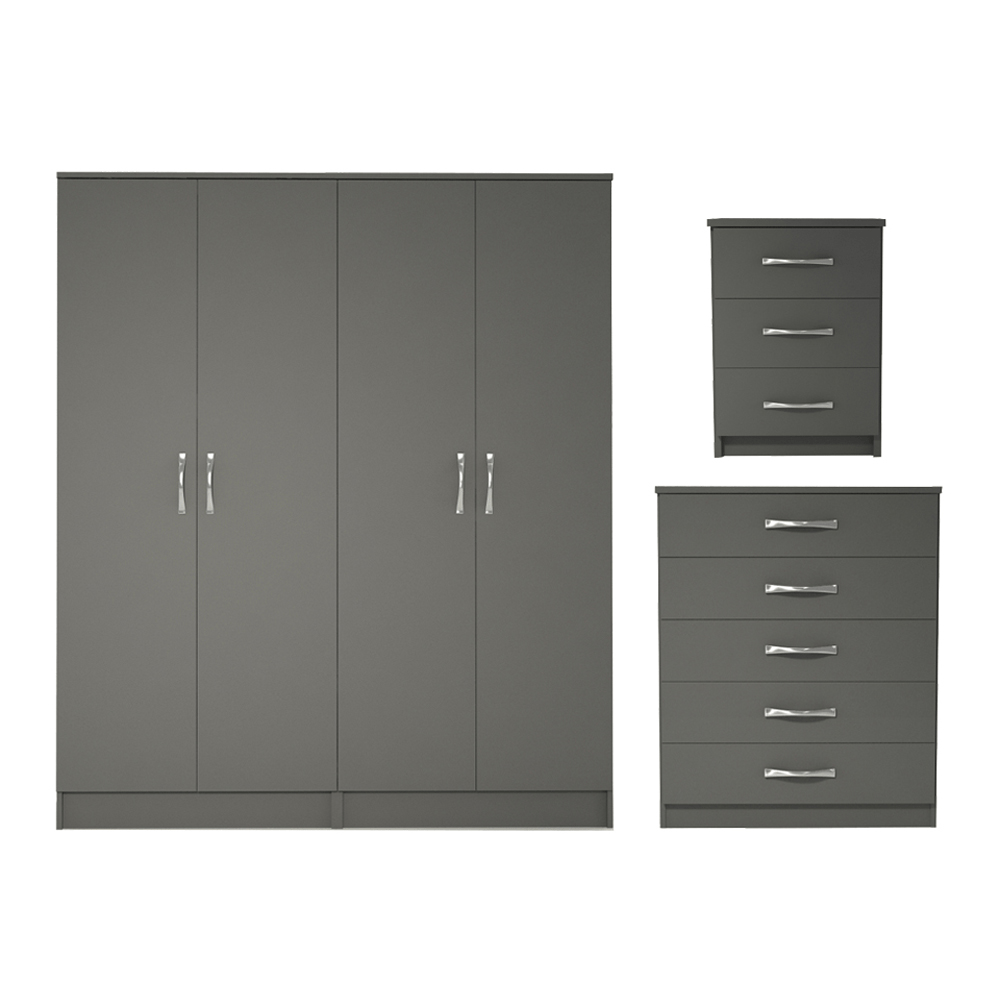Ready assembled 3 Pcs Classic 4 Door Wardrobe, Chest and Bedside set Grey