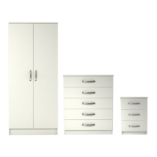Ready assembled 3 Pcs Classic 2 Door Wardrobe, Chest And Bedside Set White