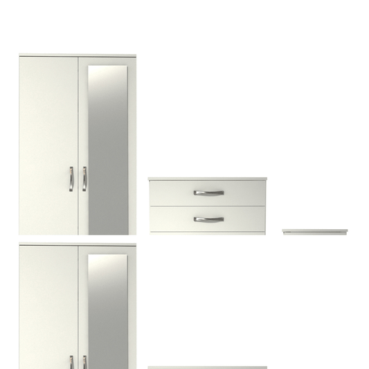 Ready assembled 3 Pcs Classic 2 Door Mirrored Wardrobe, Chest And Bedside Set White