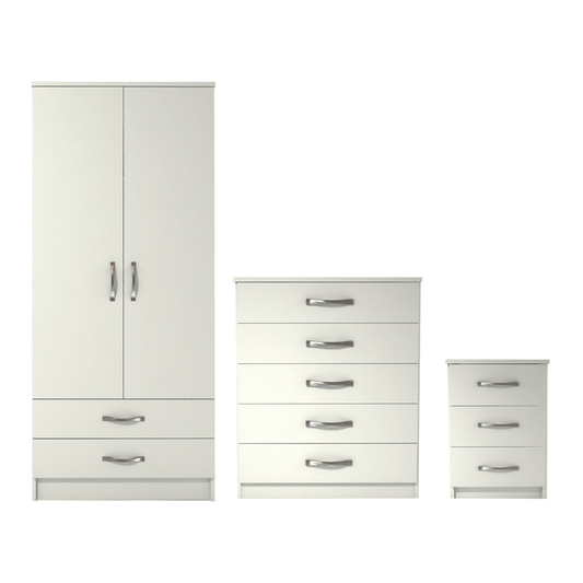 Ready assembled 3 Pcs Classic 2 Door 2 Drawer Wardrobe, Chest and Bedside Set White