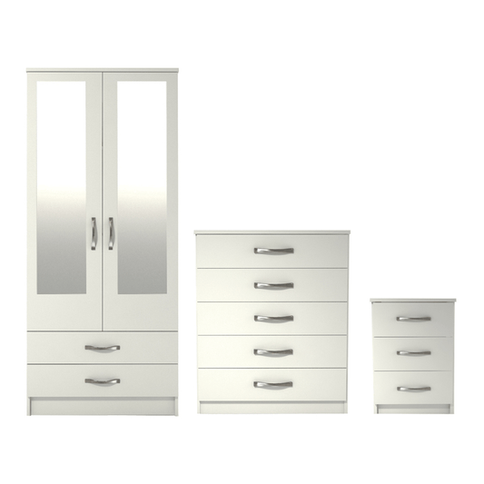 Ready assembled 3 Pcs Classic 2 Door 2 Drawer Mirrored Wardrobe, Chest And Bedside Set White