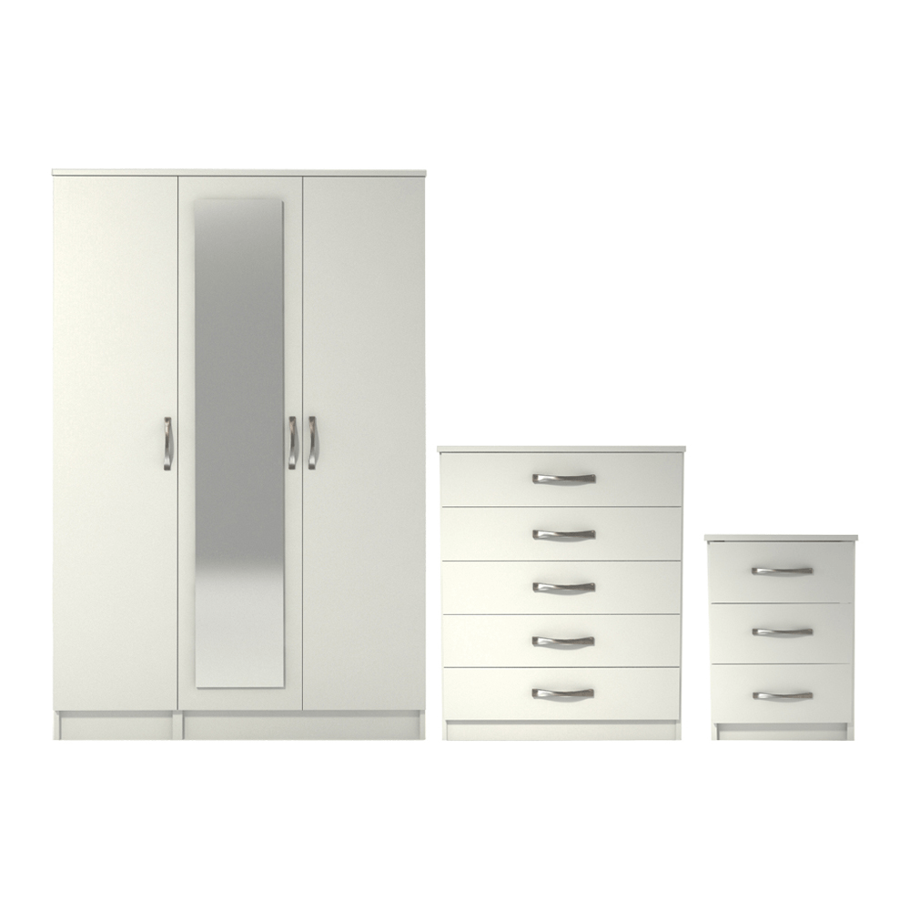 Ready assembled 3 Pcs Classic 3 Door Mirrored Wardrobe, Chest And Bedside Set White