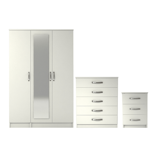 Ready assembled 3 Pcs Classic 3 Door Mirrored Wardrobe, Chest And Bedside Set White